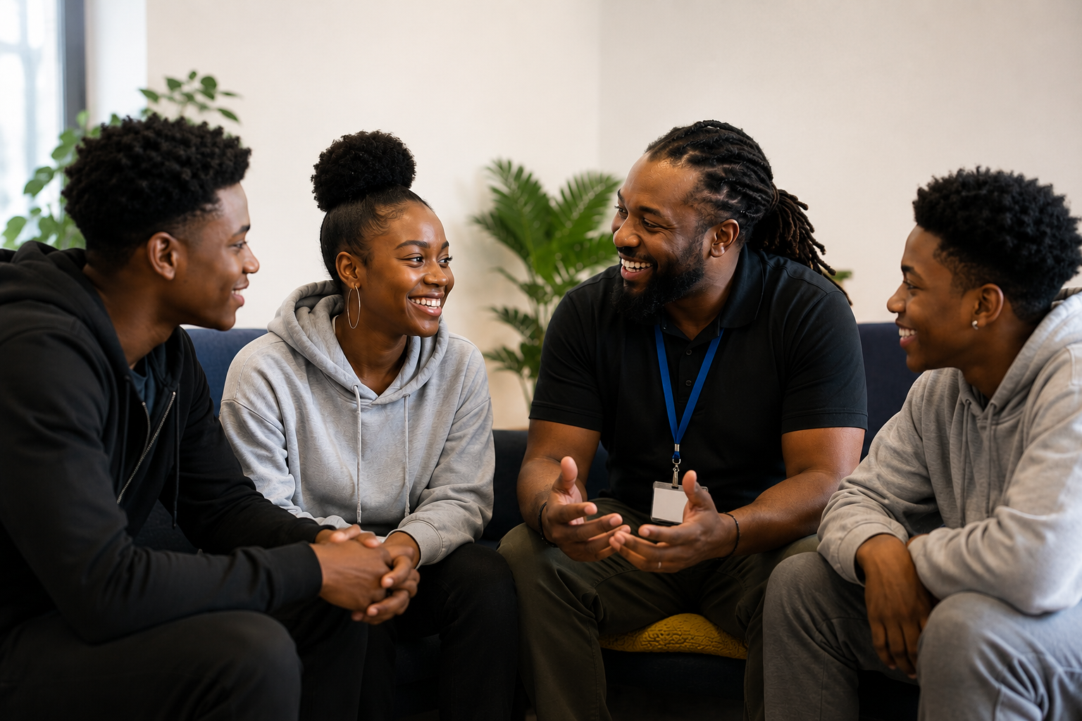 Support worker talking with a group of young people