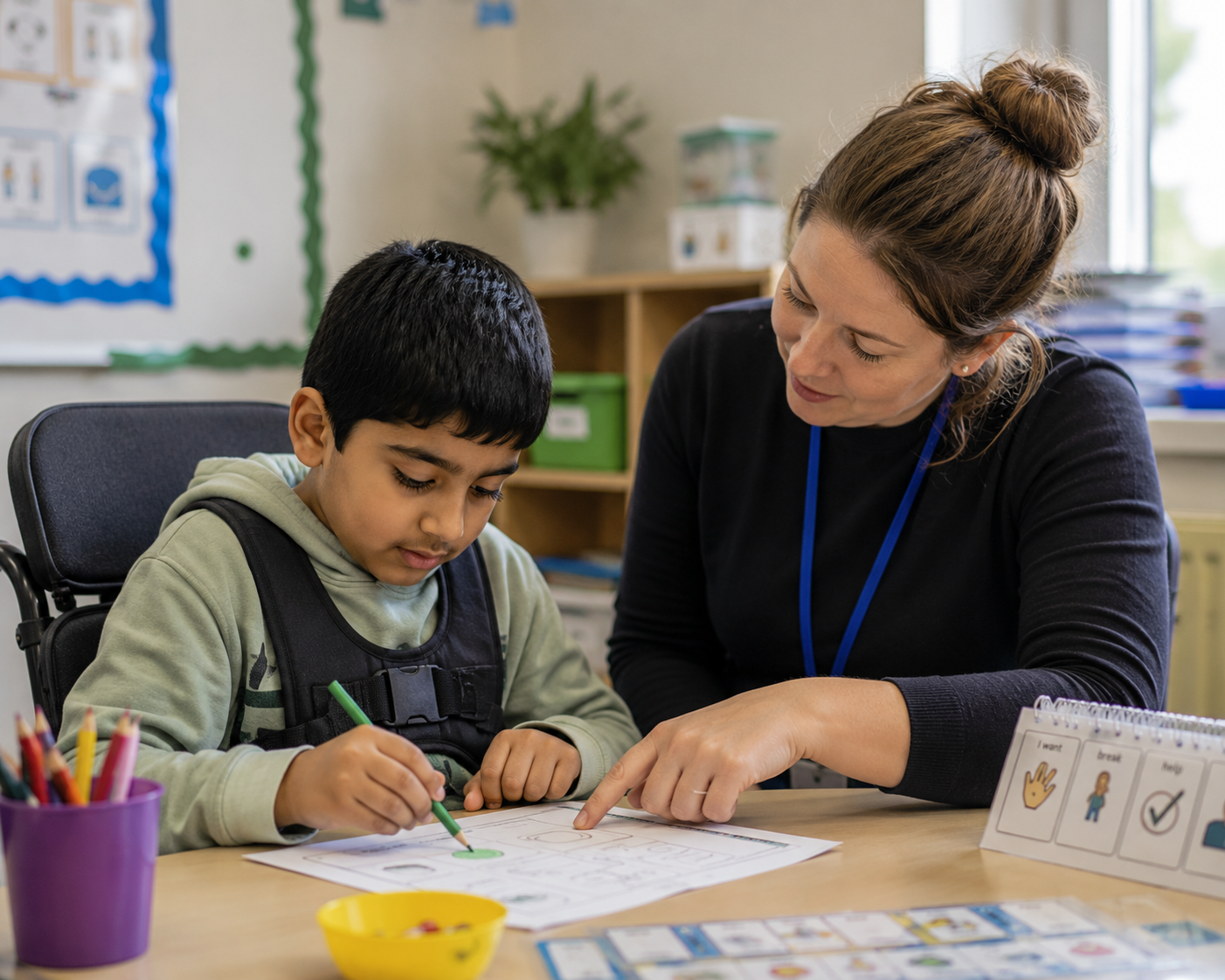 SEND professional supporting a child at a desk
