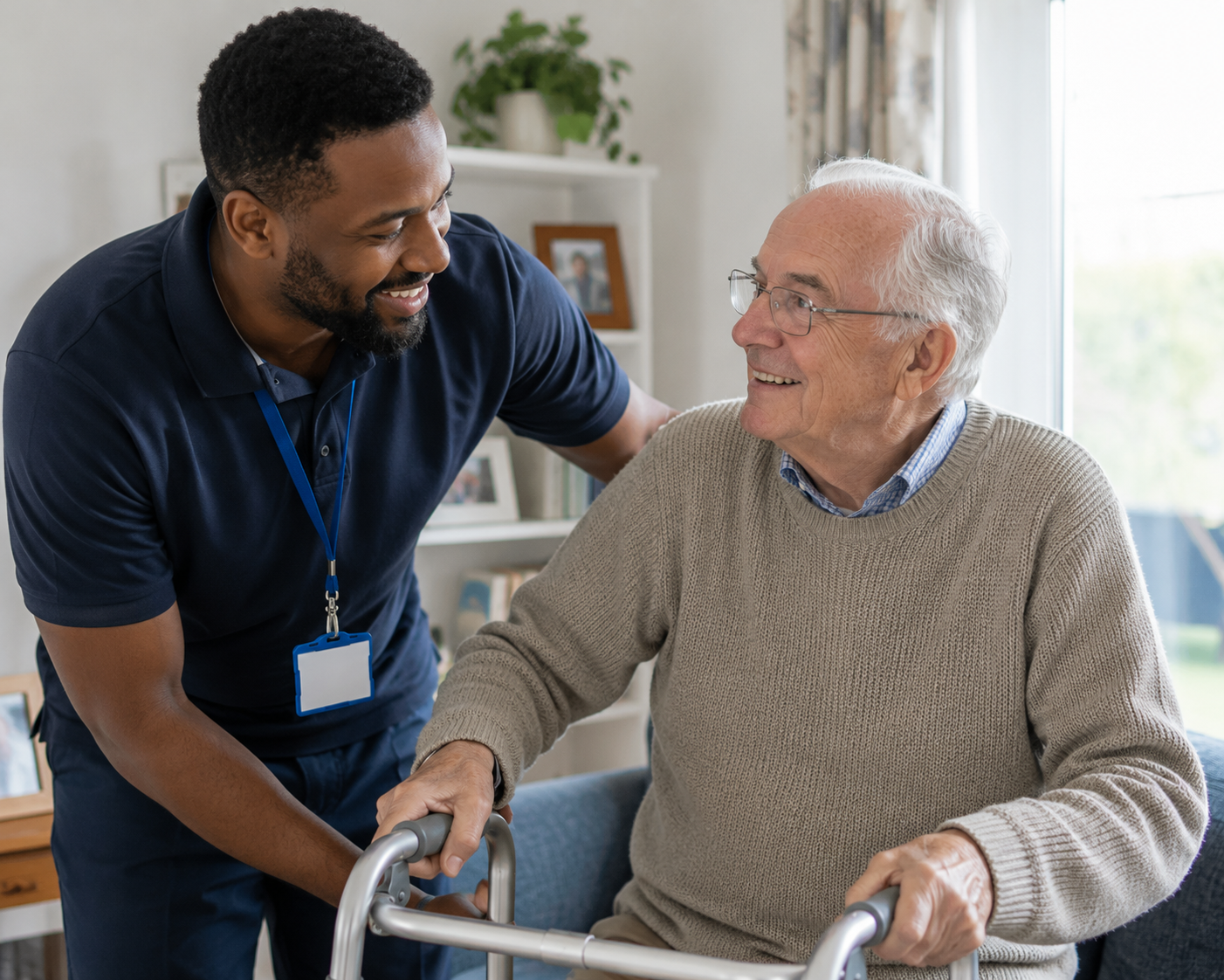 Carer supporting an older man with a walking frame