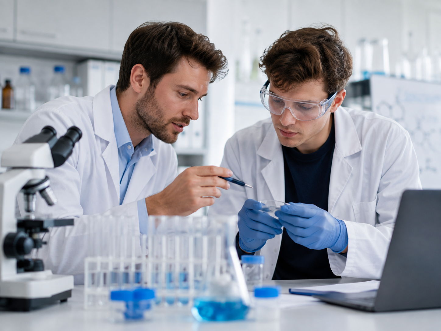 Two scientists reviewing samples in a lab